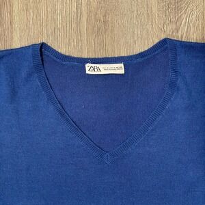 ZARA‎ V-Neck Sweater Jumper 3/4 Sleeve Women's Size Medium Blue Pullover